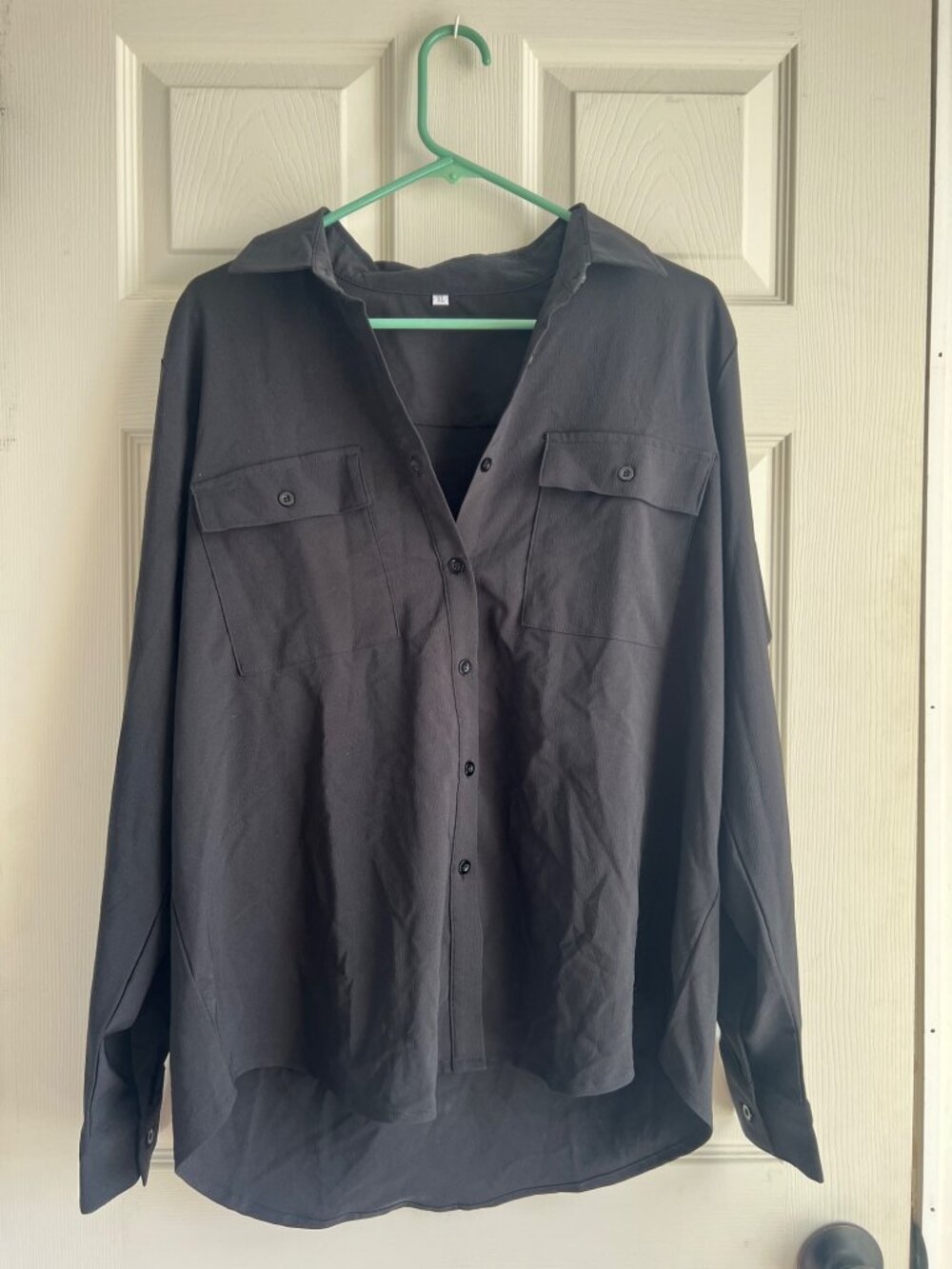 Black Button Down Blouse XL | Collared Work Shirt Minimal Classic Pocket Top